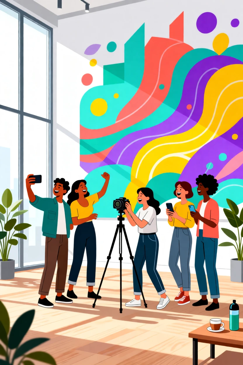 A group of friends taking photos in front of a colorful mural, set within a bright, stylish contemporary space, composed with a joyful, community-driven atmosphere, with a sense of community and connection in every detail.