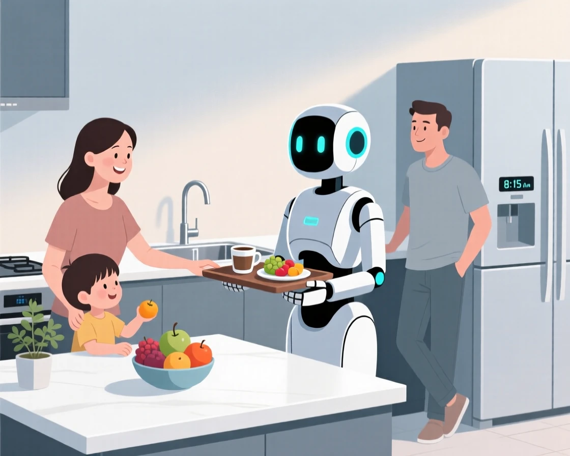 A robot assistant helping a family with everyday tasks in a modern kitchen.