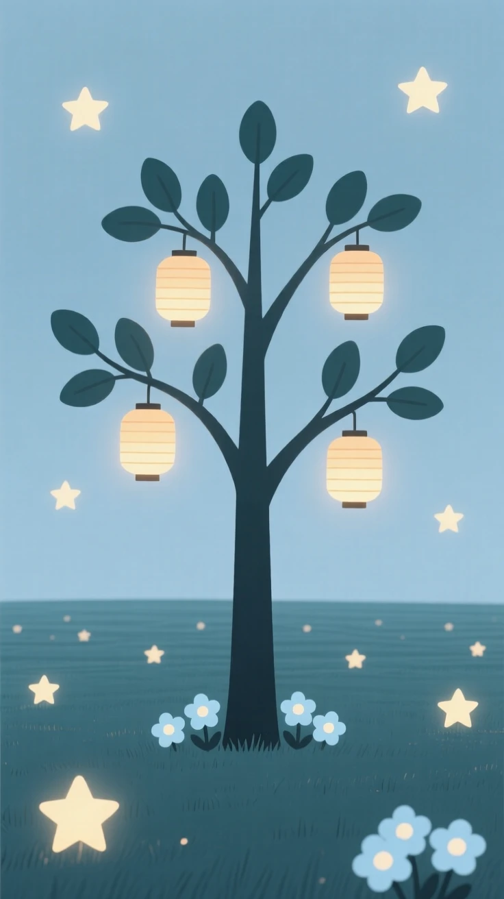 A magical tree with glowing lanterns for leaves nestled within an endless field of stars, glowing near clusters of luminous flowers, full of wondrous imagination.