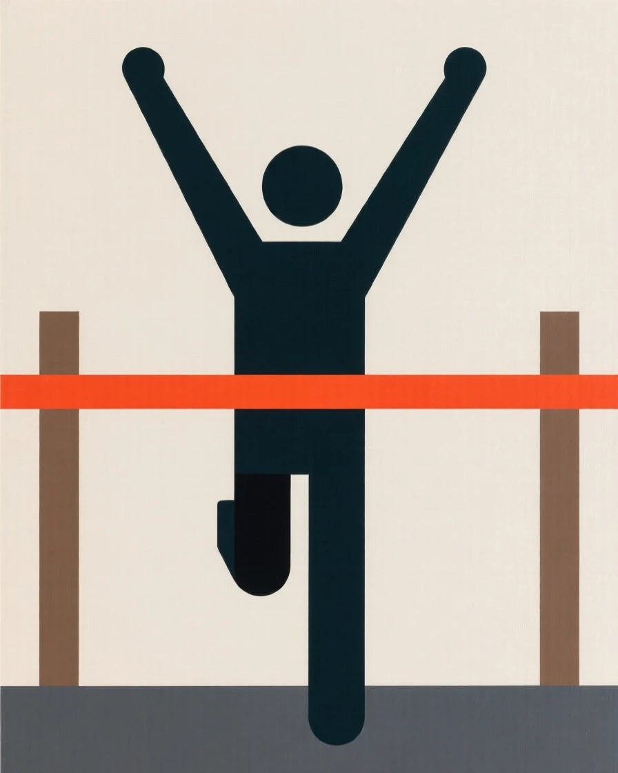 A runner crossing a finish line with arms raised