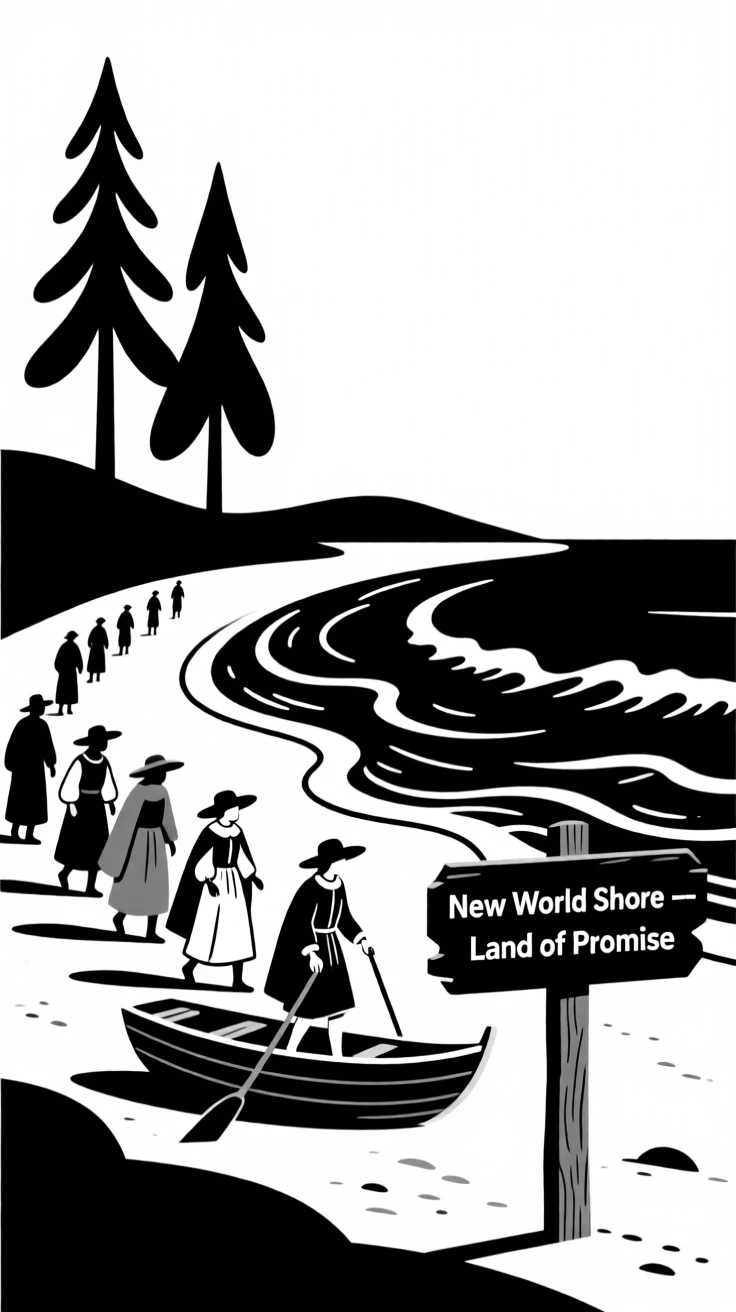 Pilgrims arriving at a new world shoreline.