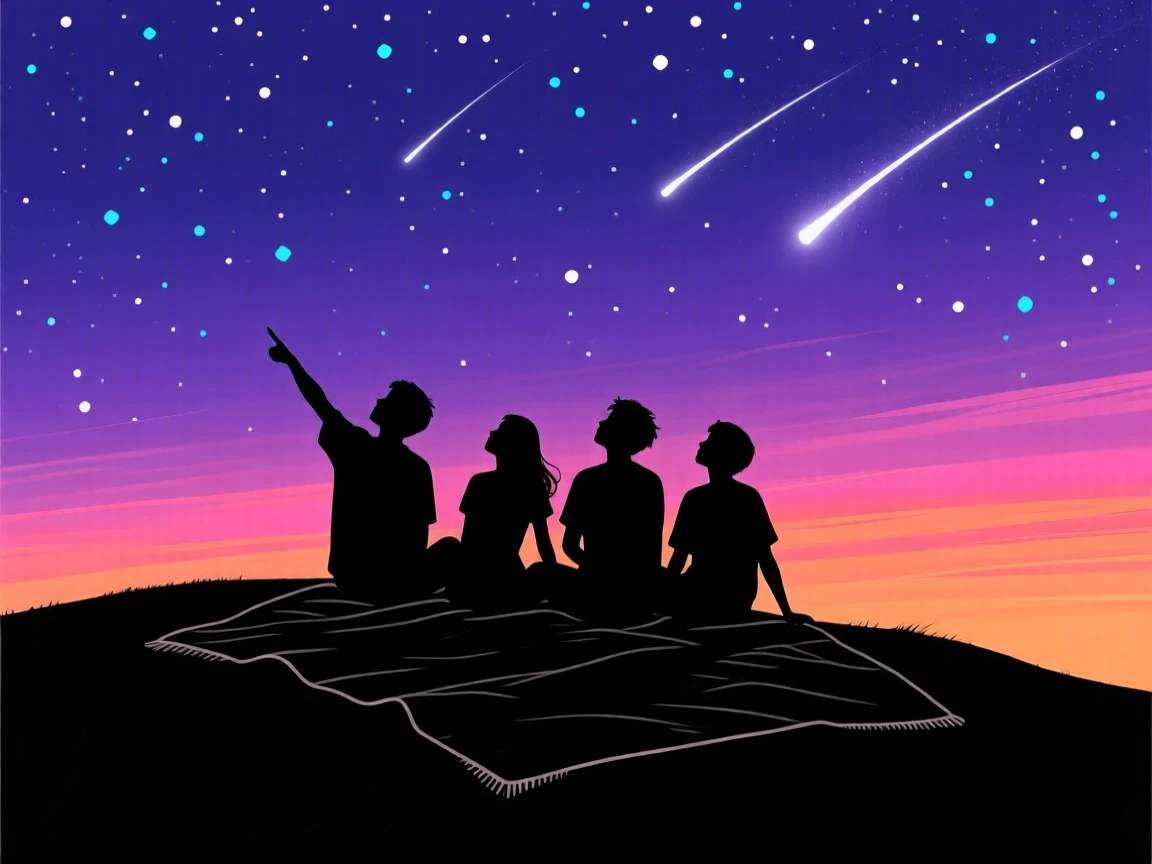 A group of friends watching a meteor shower from a hilltop blanket.