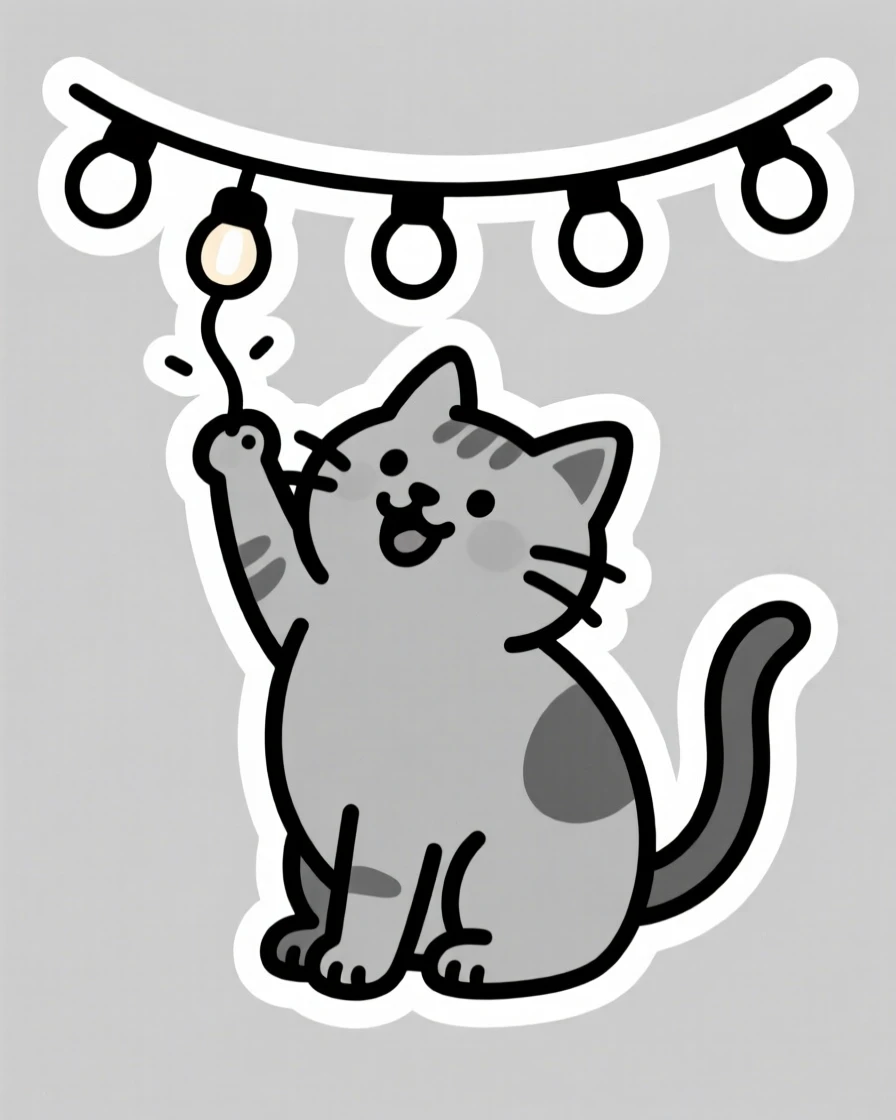 An irresistibly wholesome kitten batting at a dangling string of lights, captured in a candid, feel-good moment, a simple moment that feels universally loved.