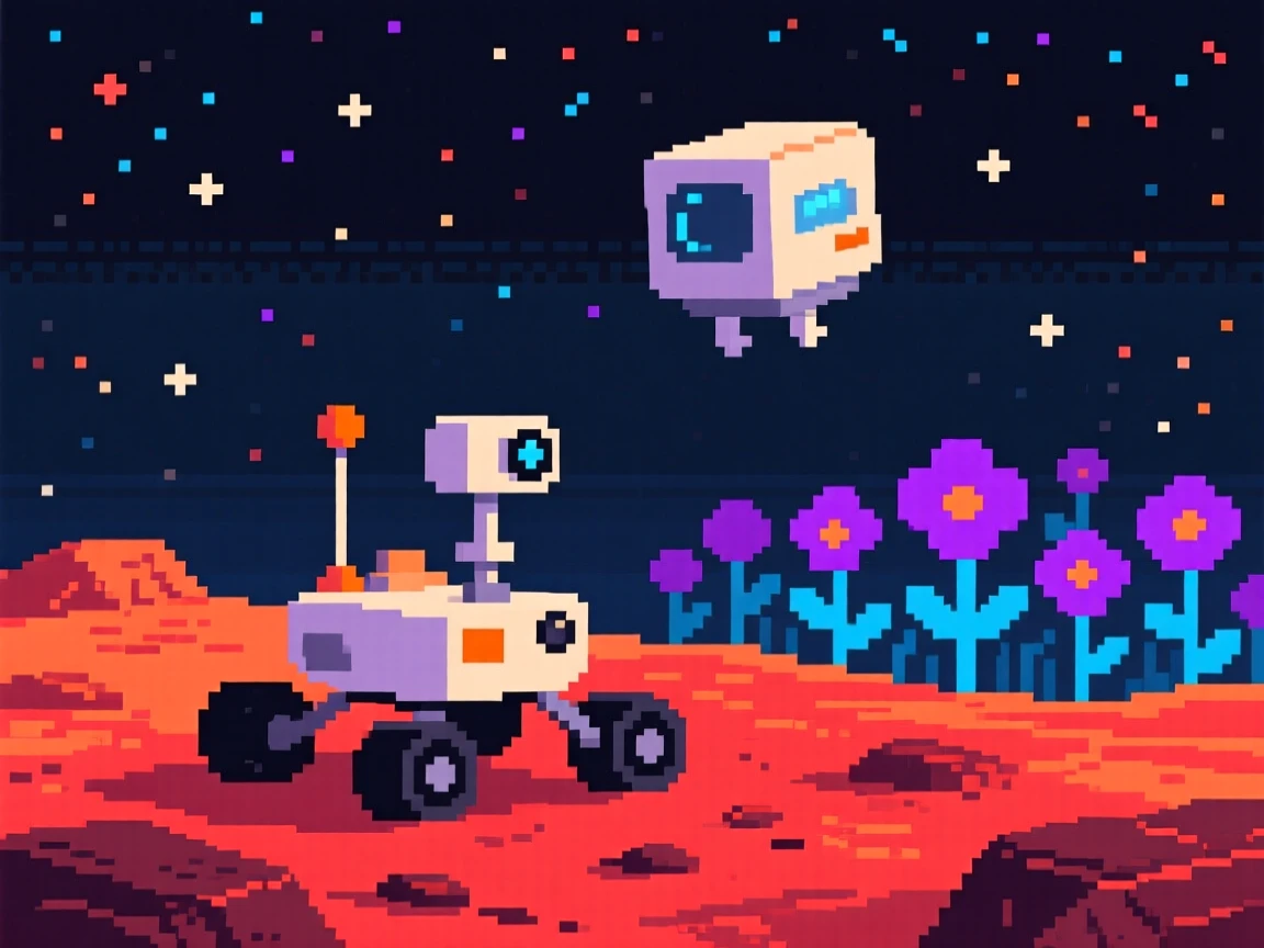 A tiny rover exploring a red planet discovering a field of alien flowers, aboard a small spacecraft drifting through the stars.