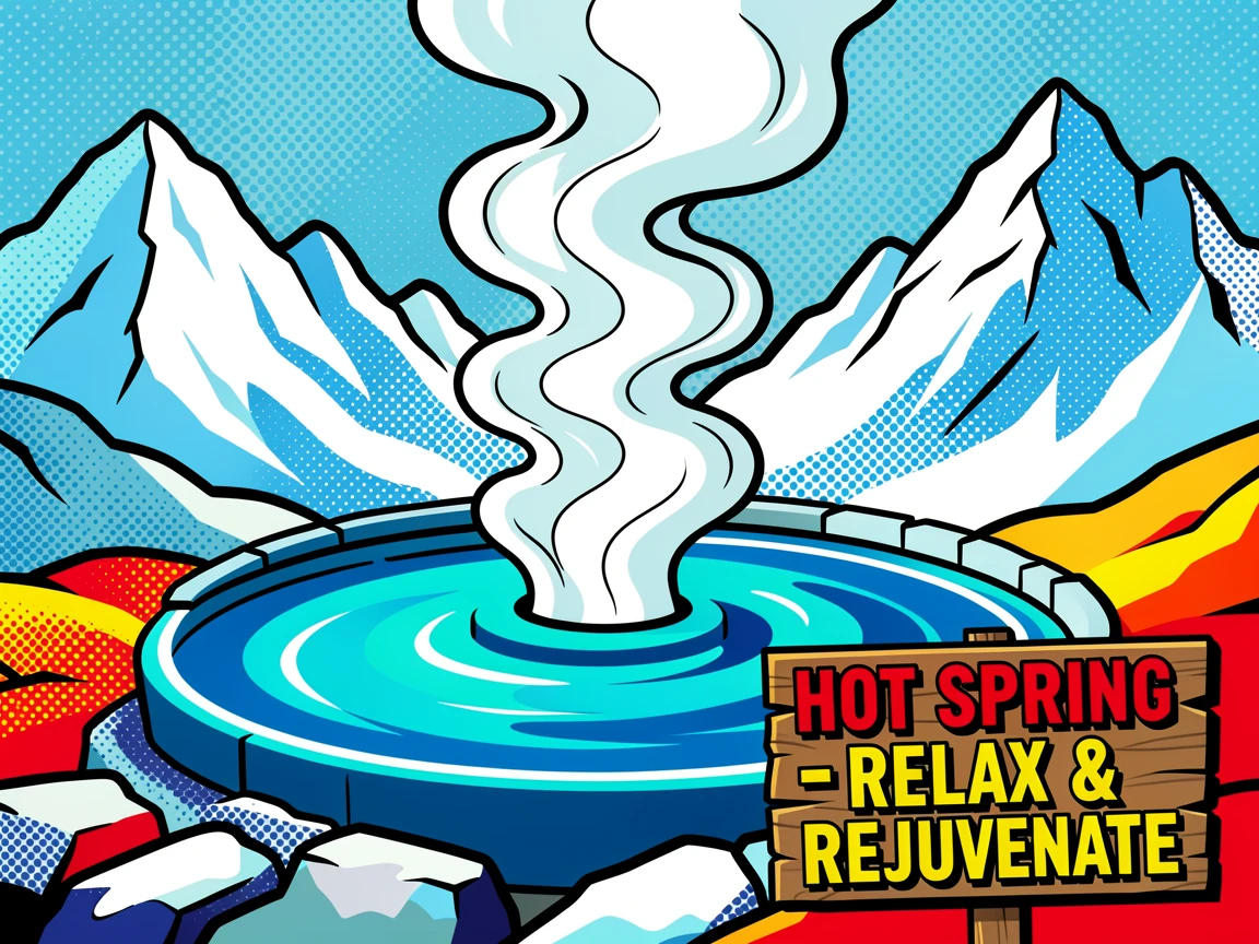 A hot spring surrounded by snow-capped mountains