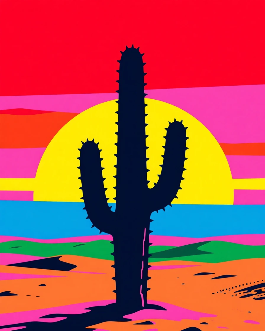 Desert sunset silhouetting a lone cactus