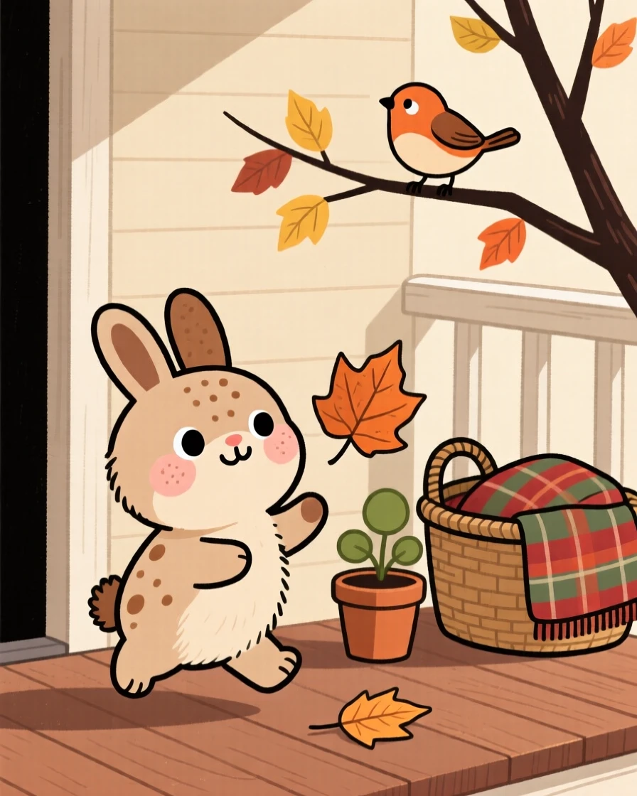 A round bunny chasing a fallen leaf in a cozy porch corner, pausing to look up with curious, gentle eyes as a bird calls from a branch.