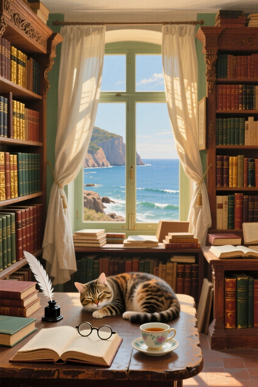 A wide establishing shot of an antique bookshop crammed with leather-bound volumes and a sleeping cat, on the coast of Provence, in the height of summer.