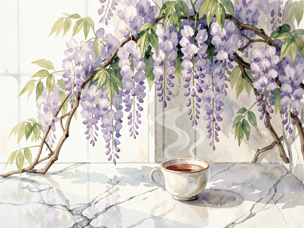 A climbing wisteria arbor on a marble kitchen counter beside a cup of tea.