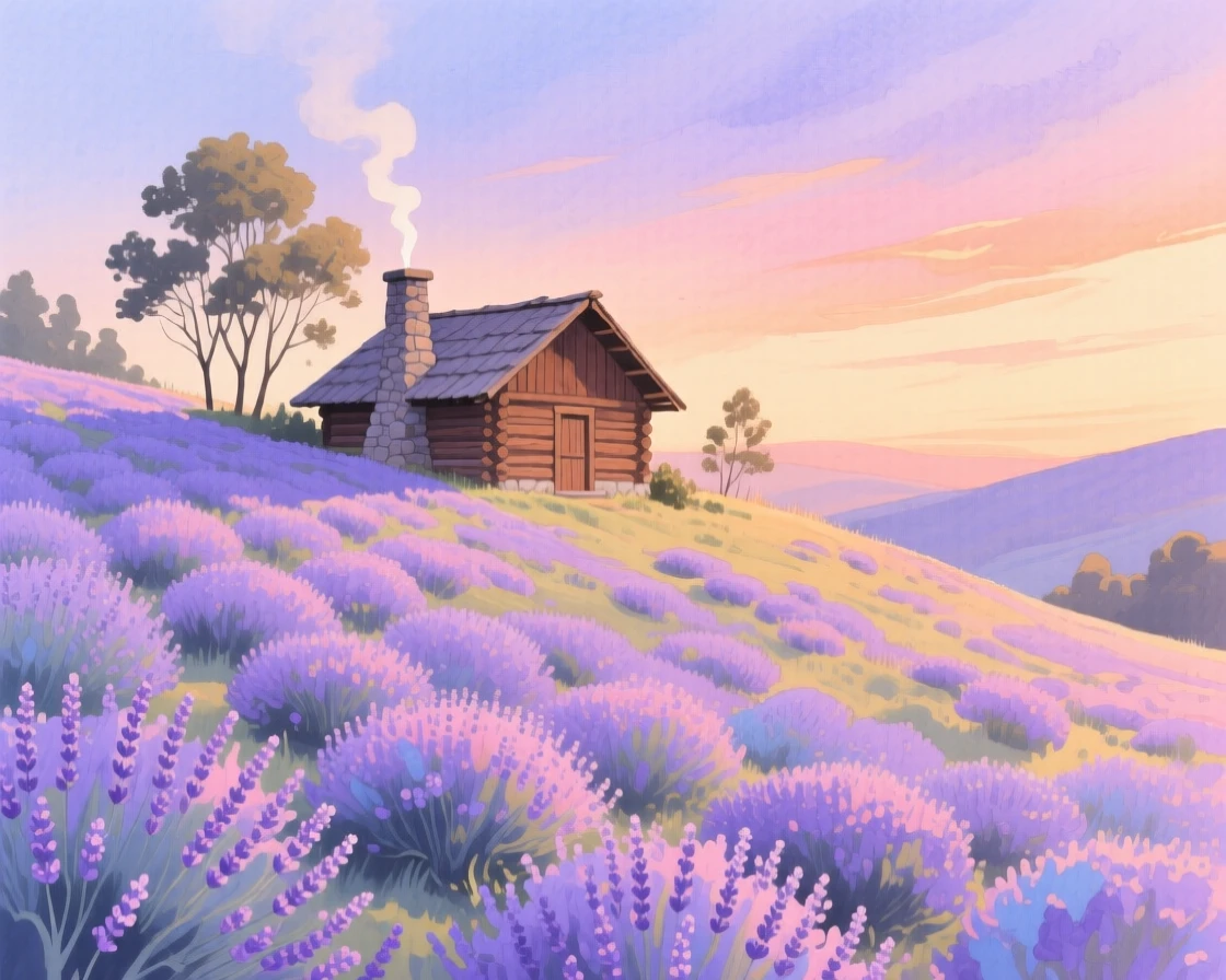 A breathtaking view of a lavender-covered hillside in the soft glow of dusk, with a rustic cabin tucked among the trees