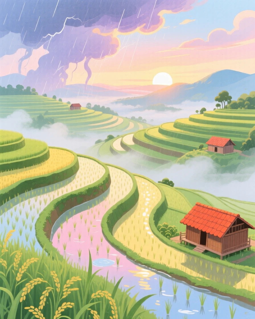 A sweeping view of a terraced rice field at sunrise just after a summer storm.