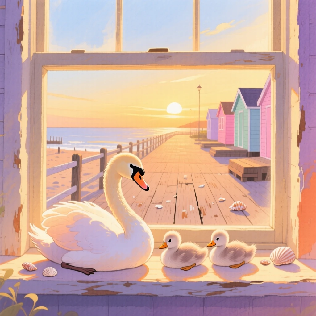 A swan and her cygnets napping in a sunbeam on a windowsill, set in a seaside boardwalk at golden hour, filled with wide-eyed wonder.