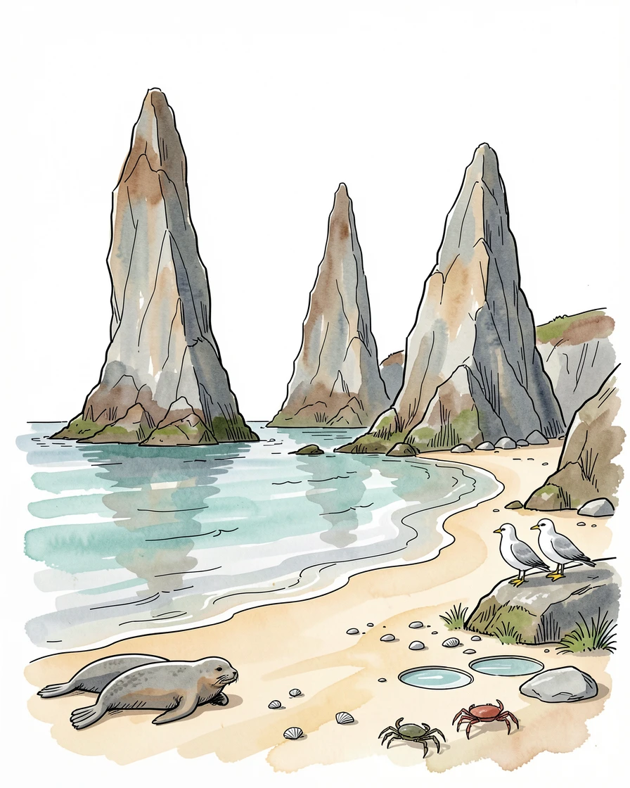 A secluded beach cove framed by towering sea stacks, wildlife moving quietly at the edges of the scene.