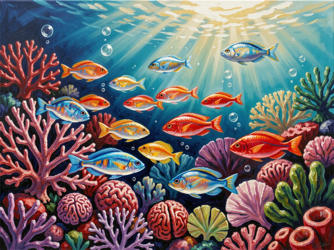 A school of vibrant tropical fish weaving through coral, above a vibrant coral reef teeming with color, bubbles rising gently to the surface, as sunlight filters down in dancing shafts through the water.