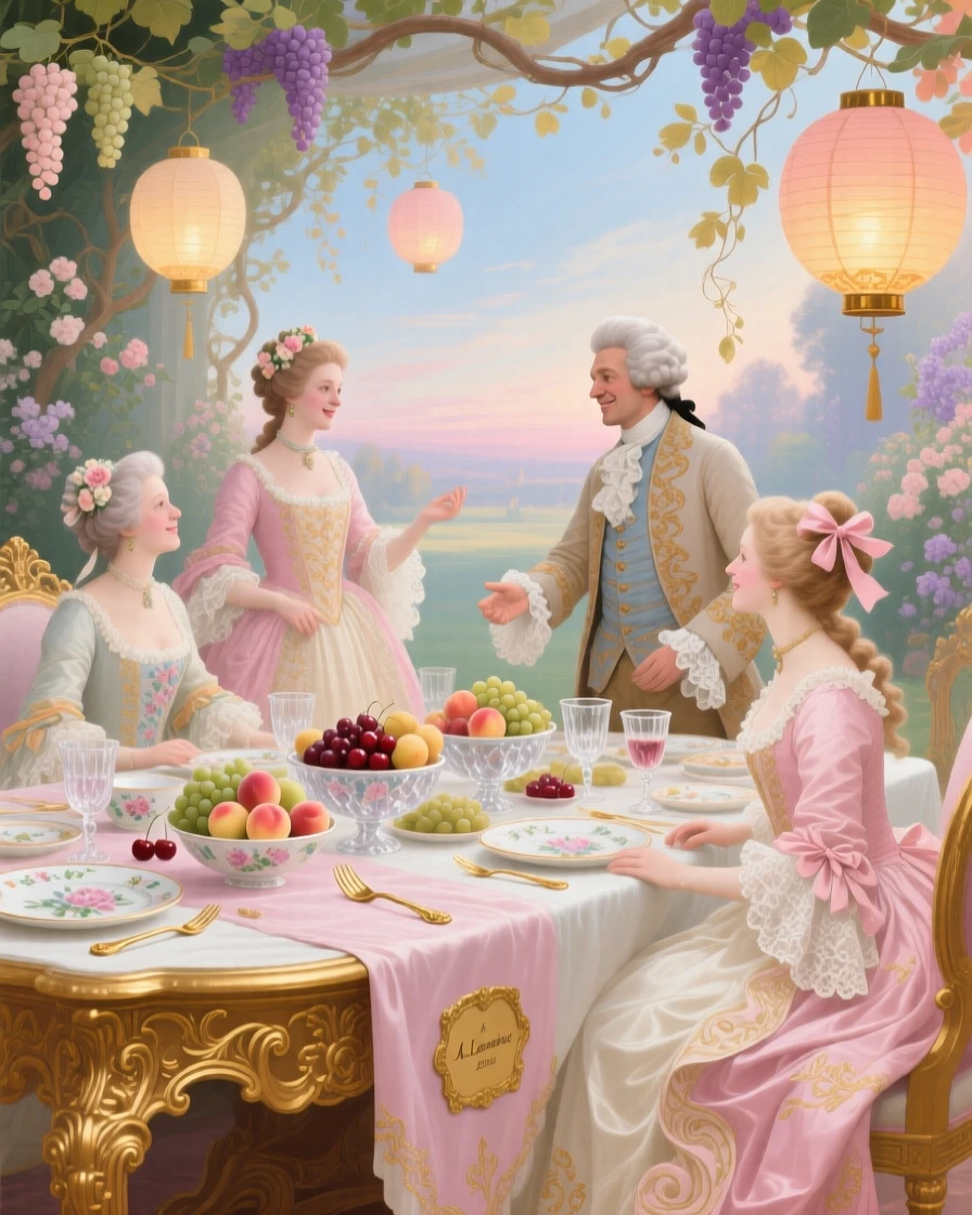 A grand supper table beneath a canopy of vines and floating lanterns  