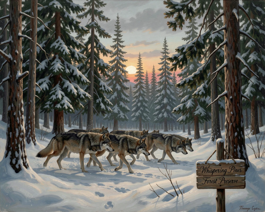 A wolf pack moves silently through a snow-covered pine forest.