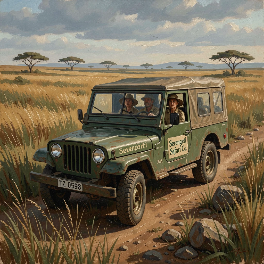 A jeep safari winding through the golden grasslands of the Serengeti, with a sense of freedom and wonder evident in every detail, radiating the thrill of seeing the world's most incredible places