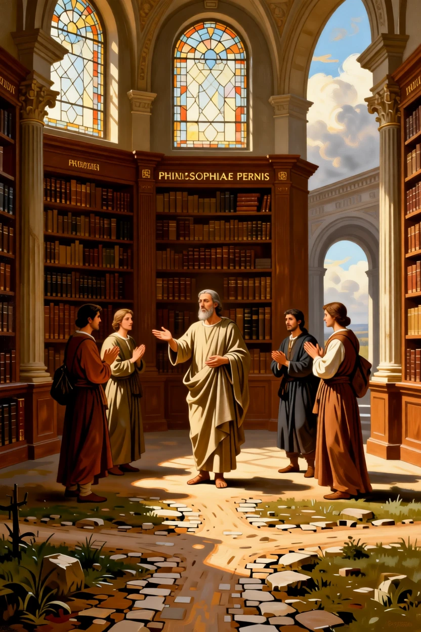 A wandering teacher blessing travelers at a rural crossroads in an instant of grace touching the ordinary world, set within an ancient library devoted to timeless questions, with soft, radiant light breaking gently through clouds or stained glass; converging figures form a reverent circle around the central moment, radiating compassion, faith, and gentle hope.
