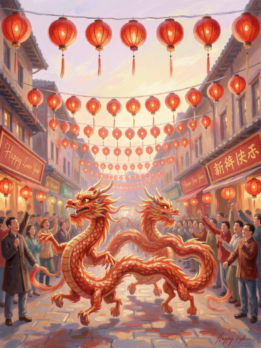 A festive Lunar New Year celebration with red lanterns, dragon dancers, and cheering crowds, evoking timeless charm and quiet elegance.