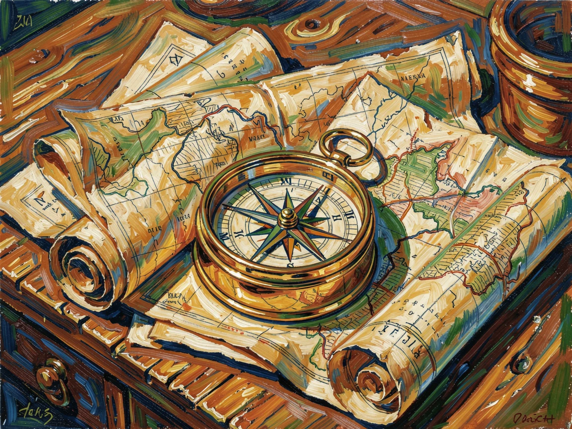 A collection of old maps and a brass compass arranged on a captain's desk.