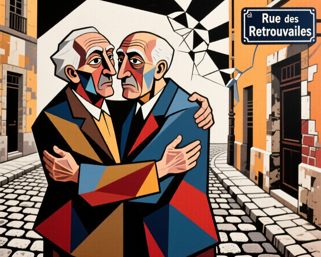 Two old friends embracing warmly after years apart on a cobblestone street.