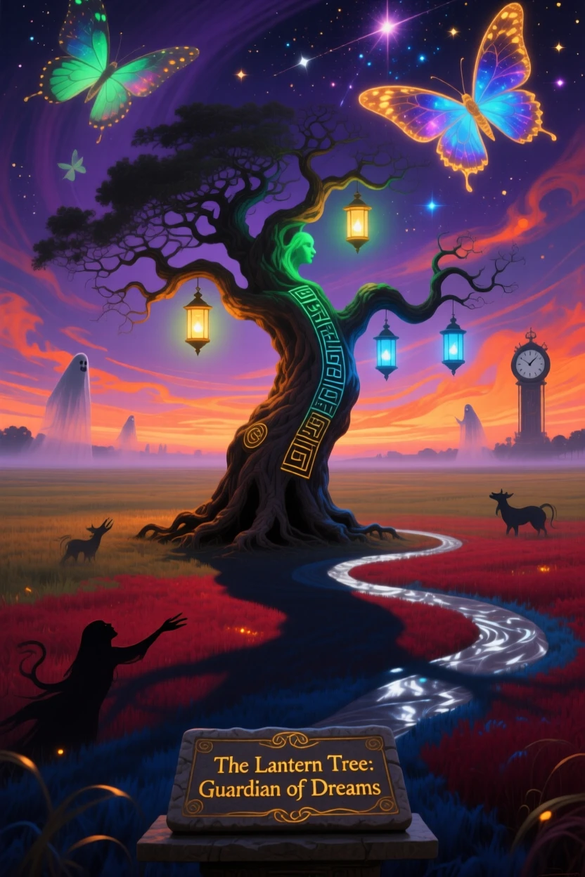 A tree whose branches end in small glowing lanterns stands alone in the center of an otherwise empty field, as its shadow stretches into unexpected, curling shapes.