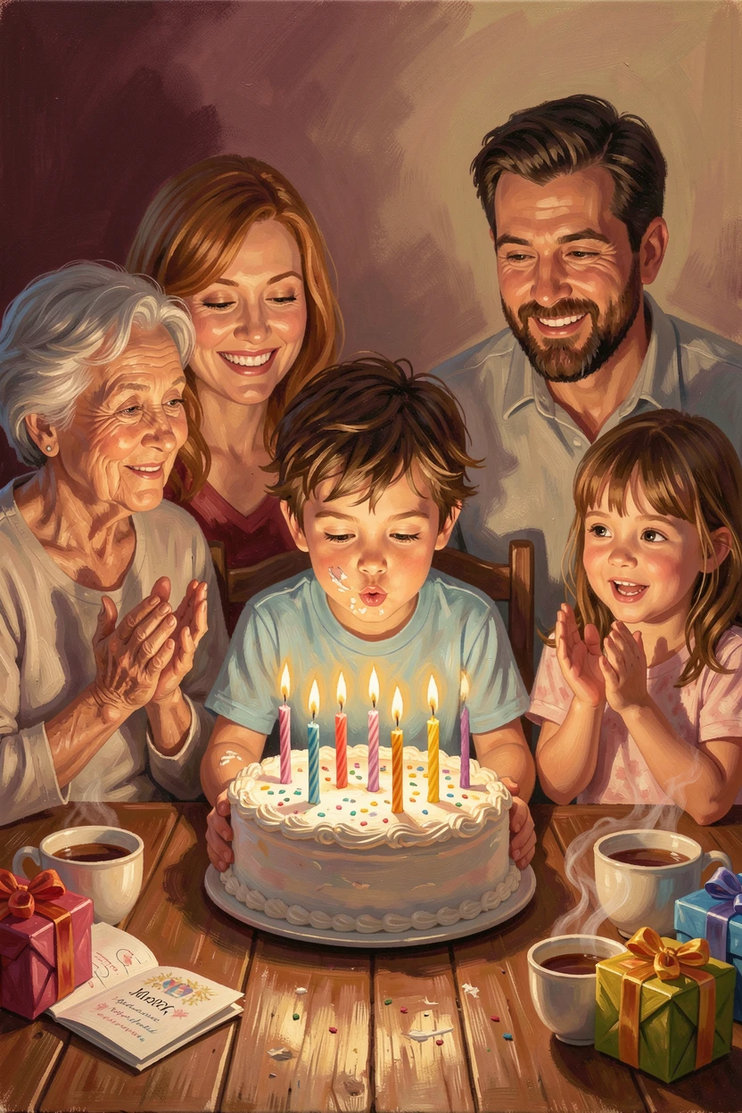 A little boy blows out candles on a birthday cake, the warm glow illuminating an excited circle of family faces around the table, a sense of genuine, unguarded emotion captured in the small details of their expression.