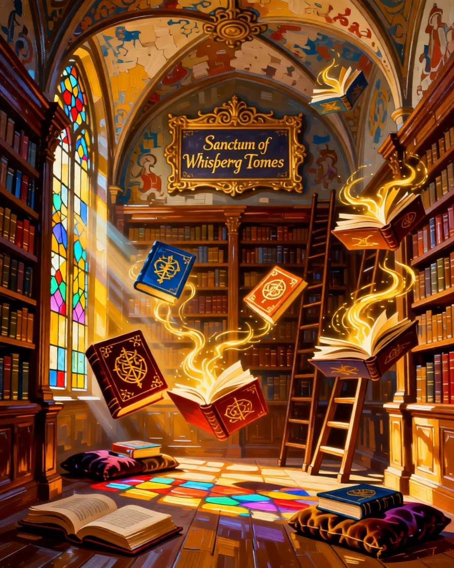 A hidden library where enchanted books float and whisper secrets in golden light