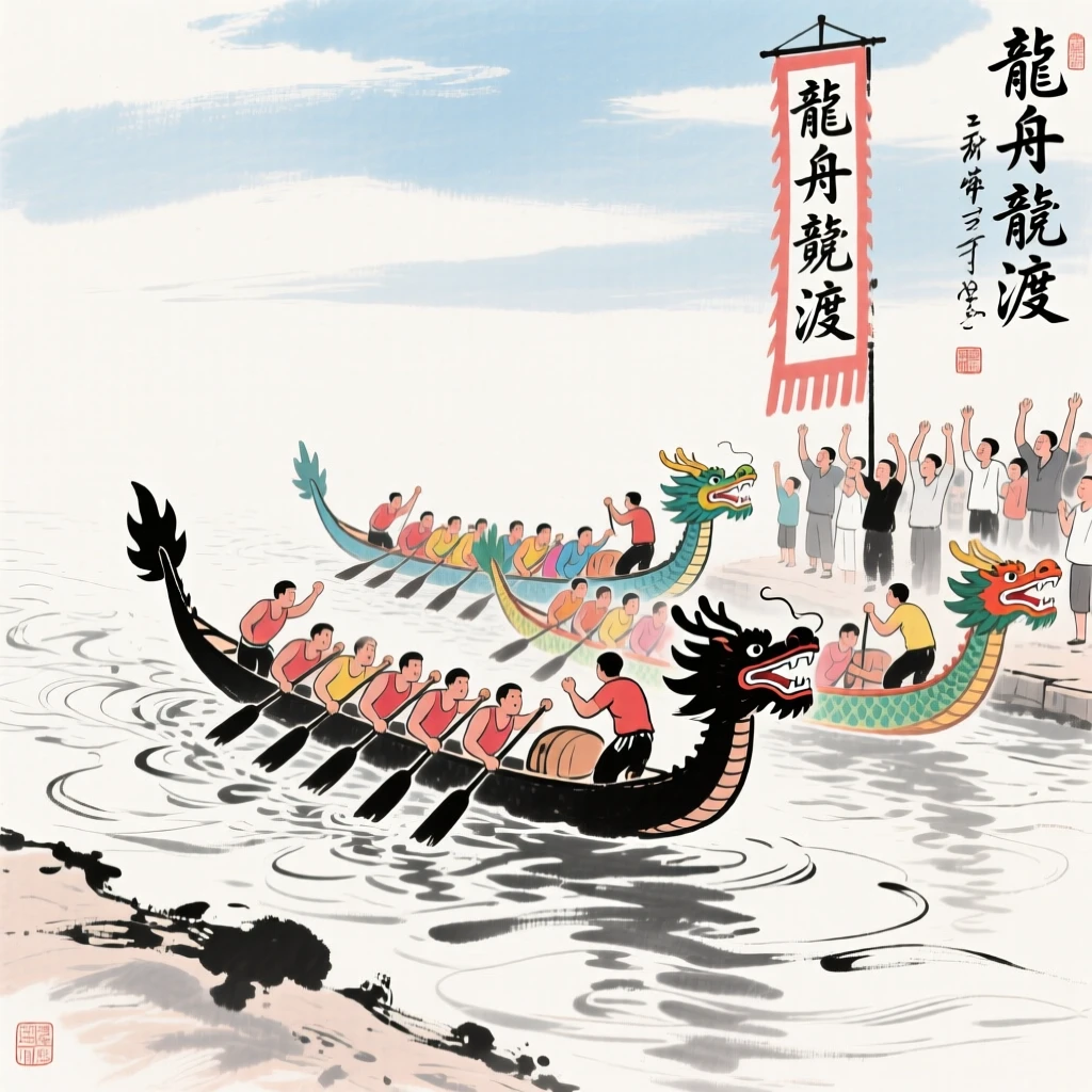 Colorful dragon boats gather at the starting line beneath a clear summer sky, as the crowd's cheers echo along the riverbank.