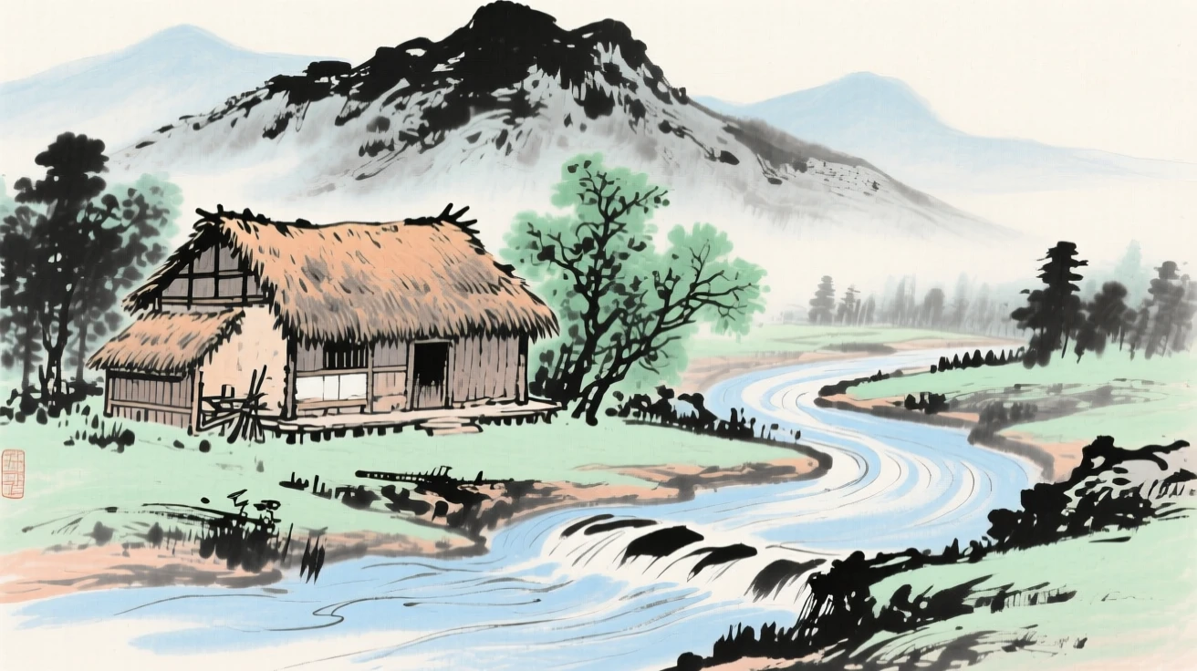 A rustic thatched cottage beside a bend in a mountain stream, in the height of summer, radiating gentle serenity.