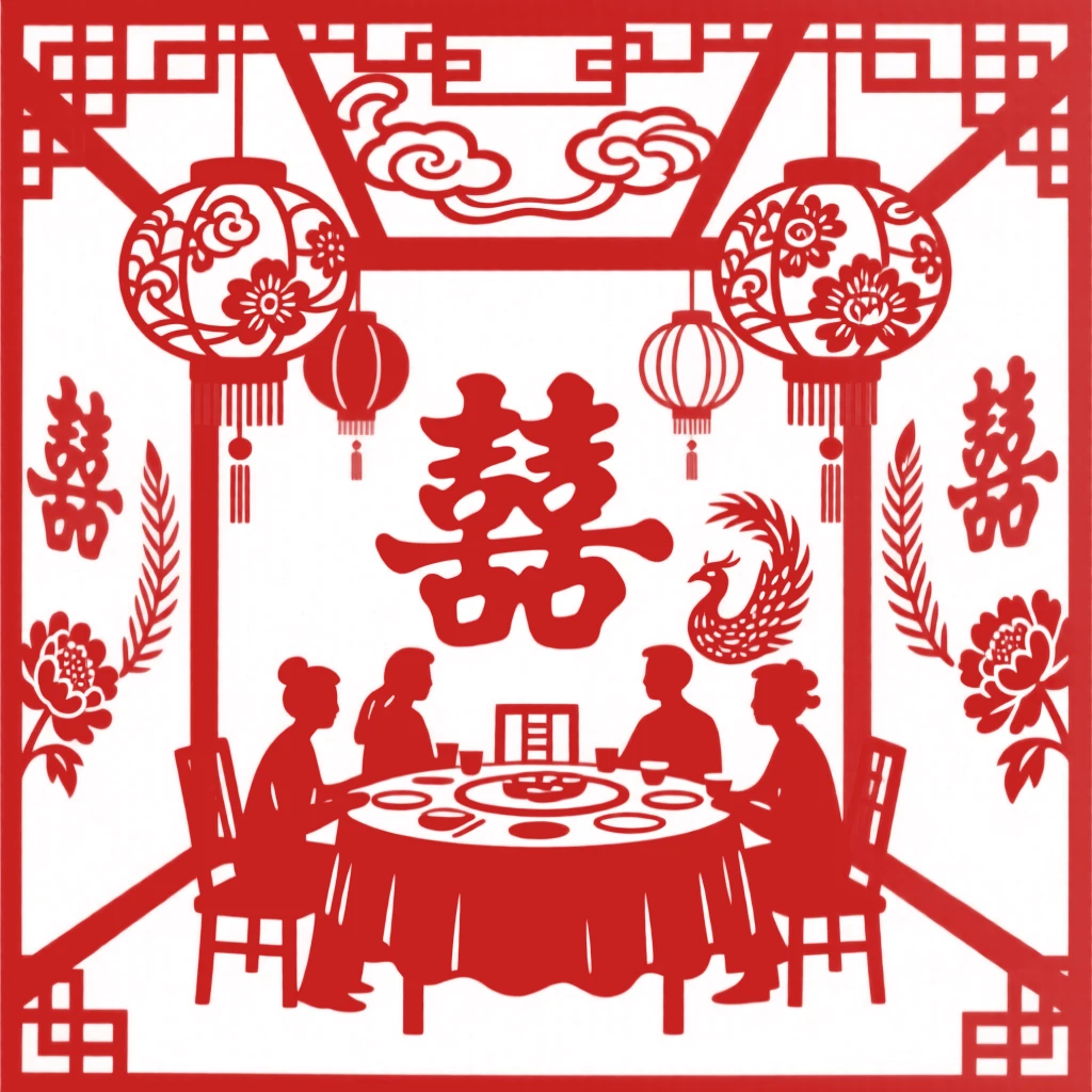 A wedding banquet hall decorated with hanging red lanterns and double happiness characters on every wall