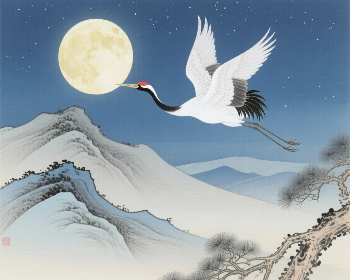 A full moon rising over a mountain silhouette, with a single crane flying across the moon
