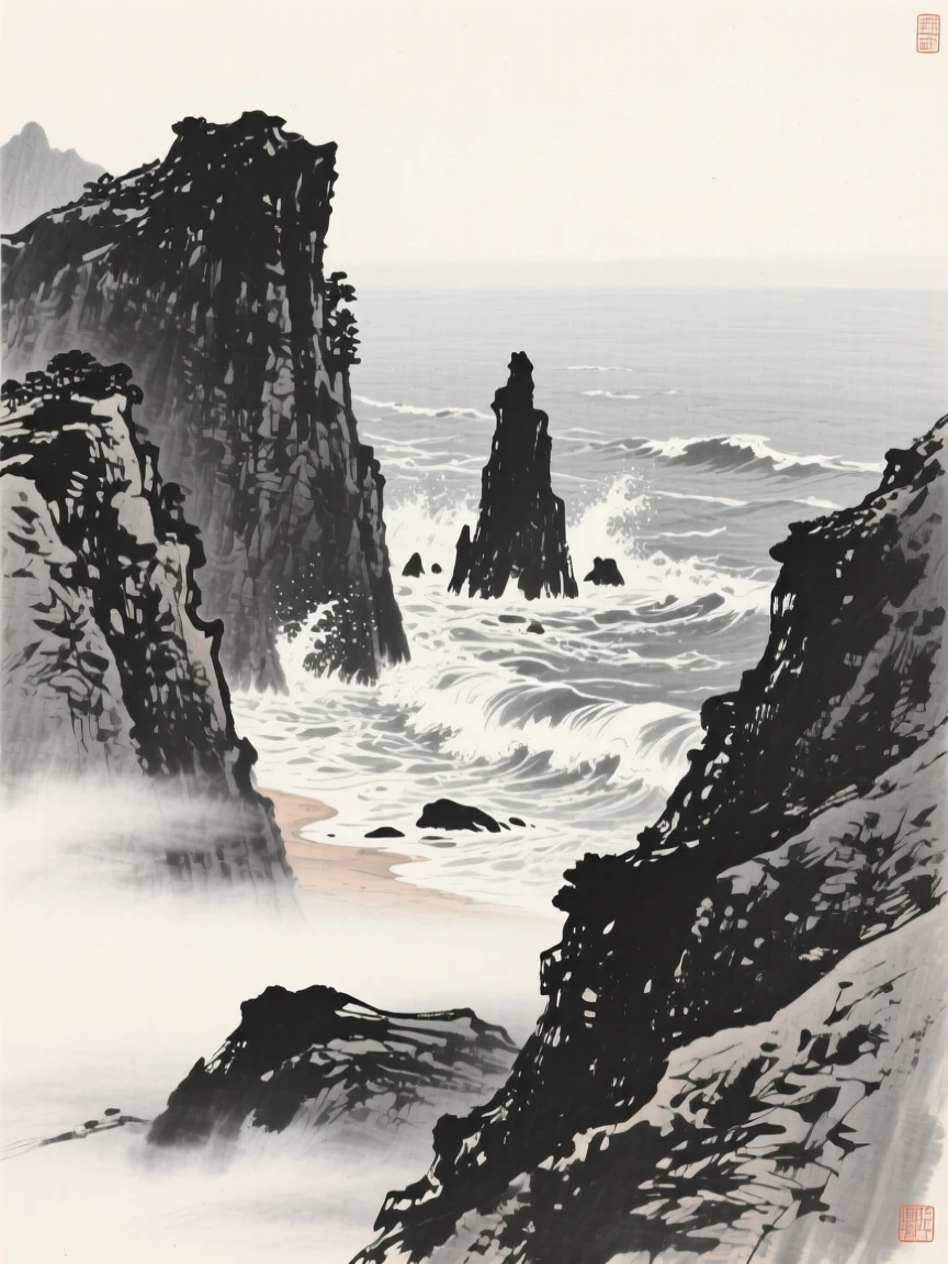 A rugged coastline where waves break against tall sea stacks as thin mist rolls slowly through the lower valley, framed low, with the foreground rocks leading the eye toward the distance, evoking a deep sense of solitude and quiet grandeur.