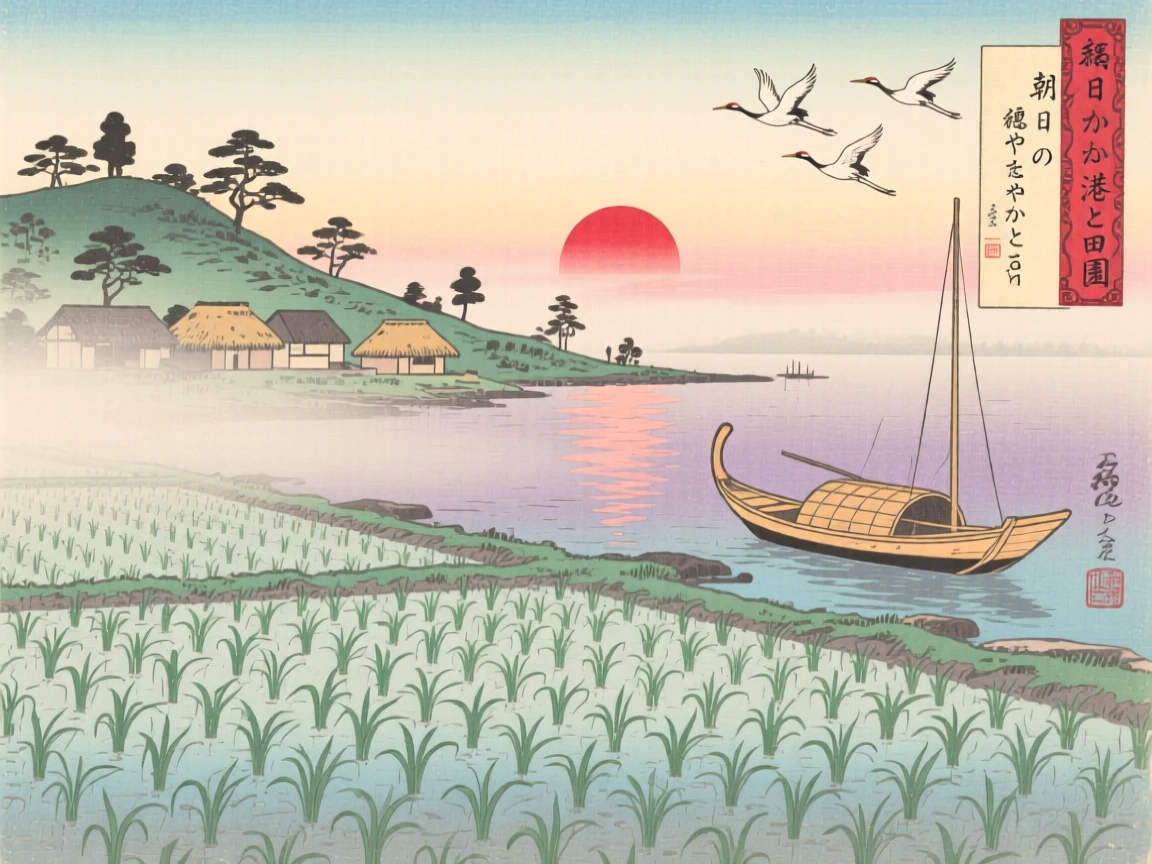 Sunrise breaking over a peaceful mist-shrouded rice field, on the edge of a calm harbor.