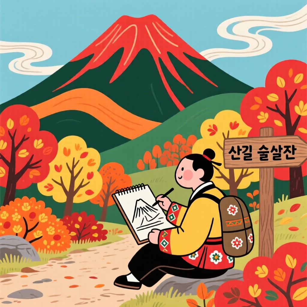 A traveler sketching a mountain view from a quiet trailhead during a peaceful autumn walk.