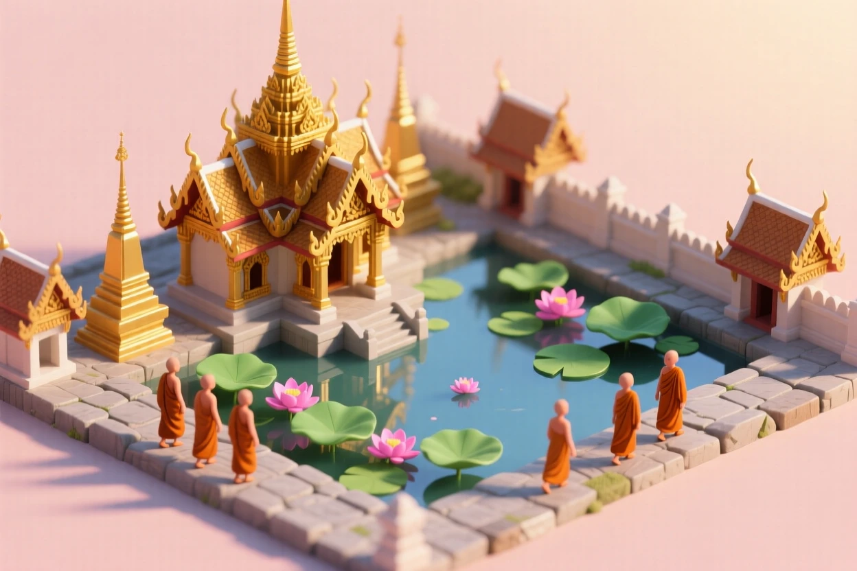 An ancient Thai temple complex with golden spires reflecting in a lotus pond, monks walking in saffron robes at dawn.