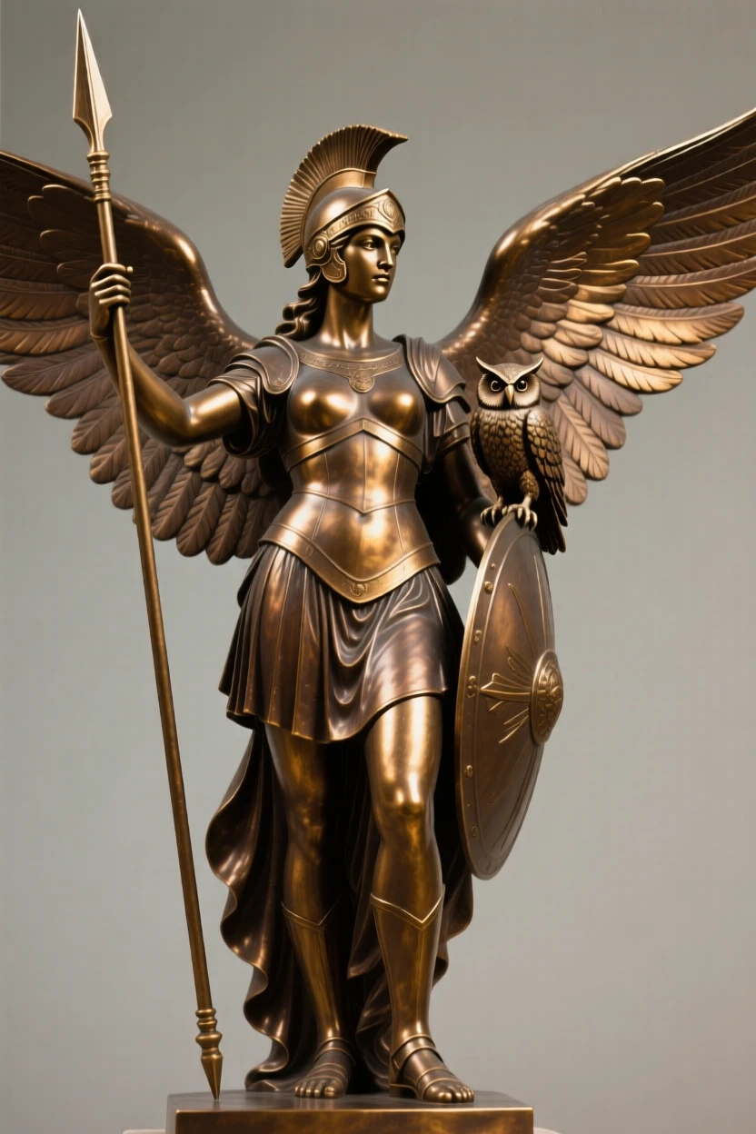Athena standing with her spear and owl, with wings fully outstretched in majestic display, radiating awe and grandeur