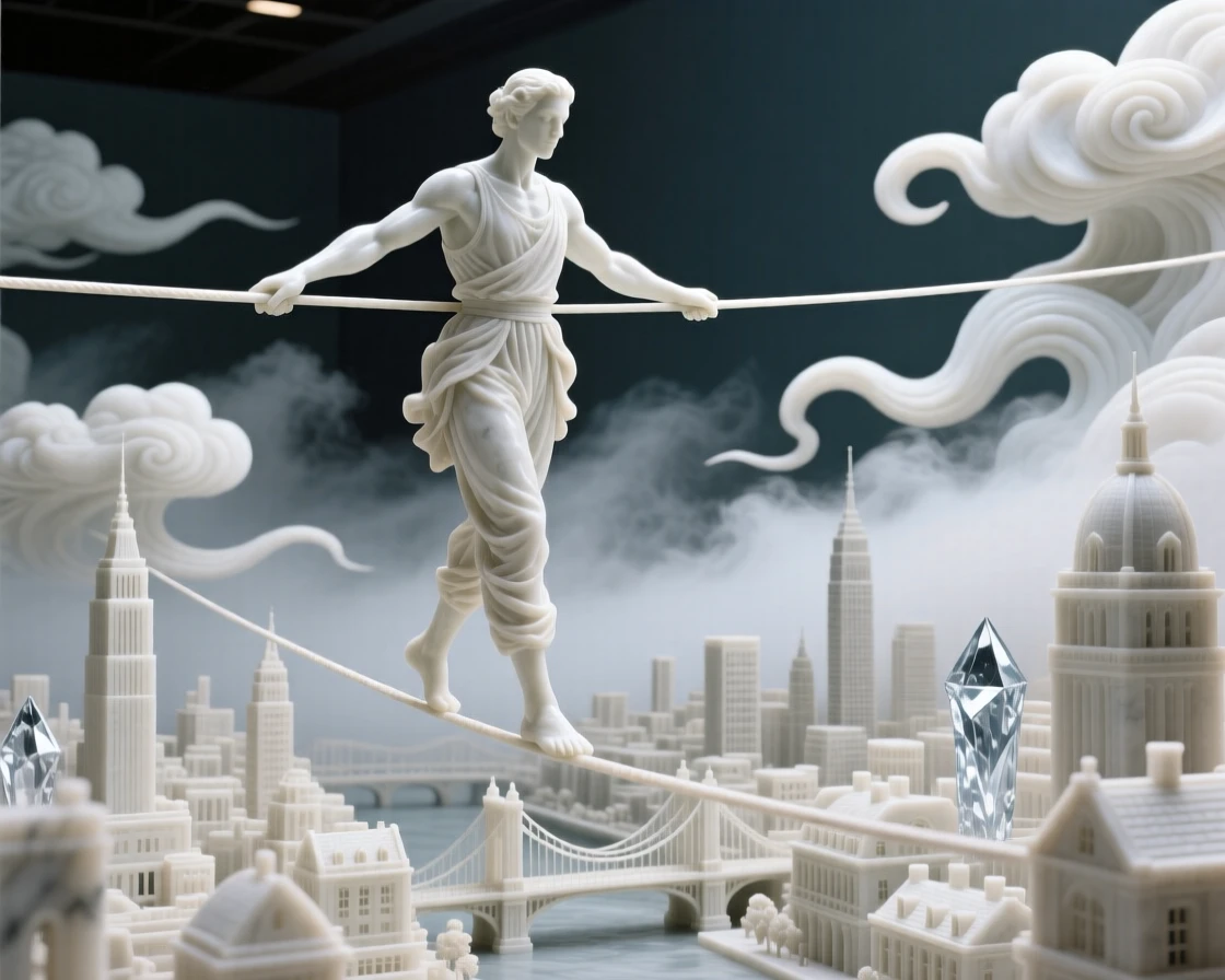 A beautifully composed image of a tightrope walker balanced high above a city, amid swirling clouds and mist, full of atmosphere and visual storytelling