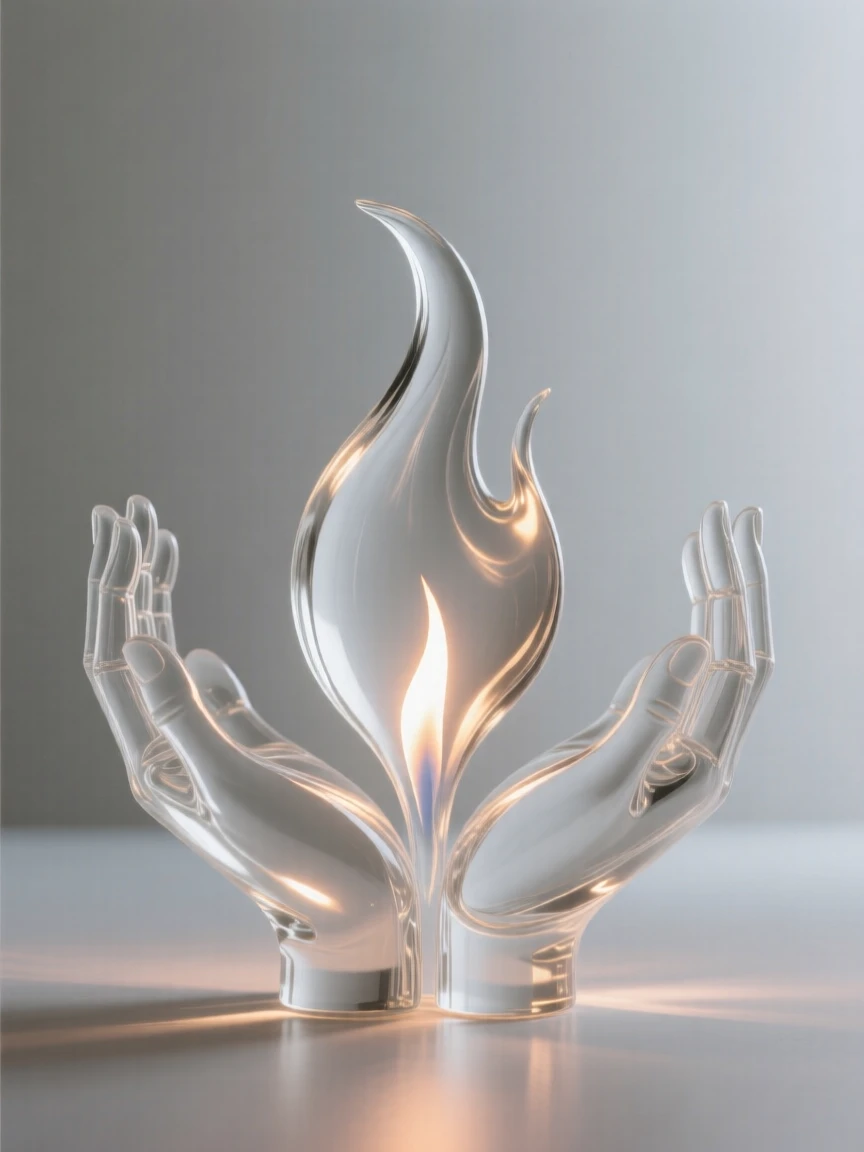 A single flame rising from an open pair of hands while light seems to pulse gently outward from the center