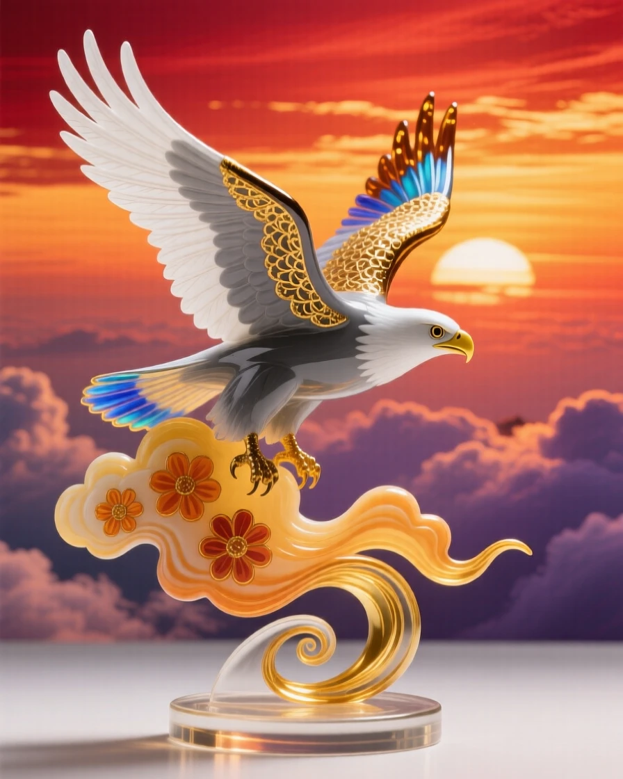 A lone falcon diving through the goldenest clouds at the very height of sunset, thrilling and majestic.