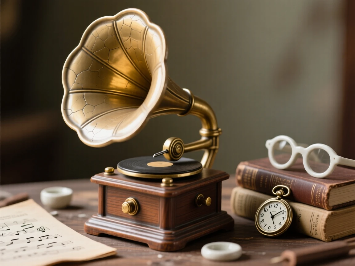 A vintage gramophone with its horn flared wide arranged as a still, contemplative scene, framed by a scattering of small complementary props, stirring fond memories of simpler times.
