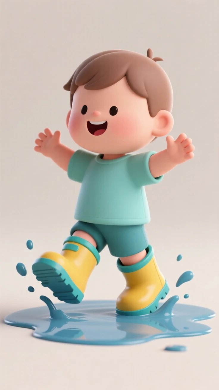 A proud toddler wears rain boots on the wrong feet, splashing happily through a puddle anyway.