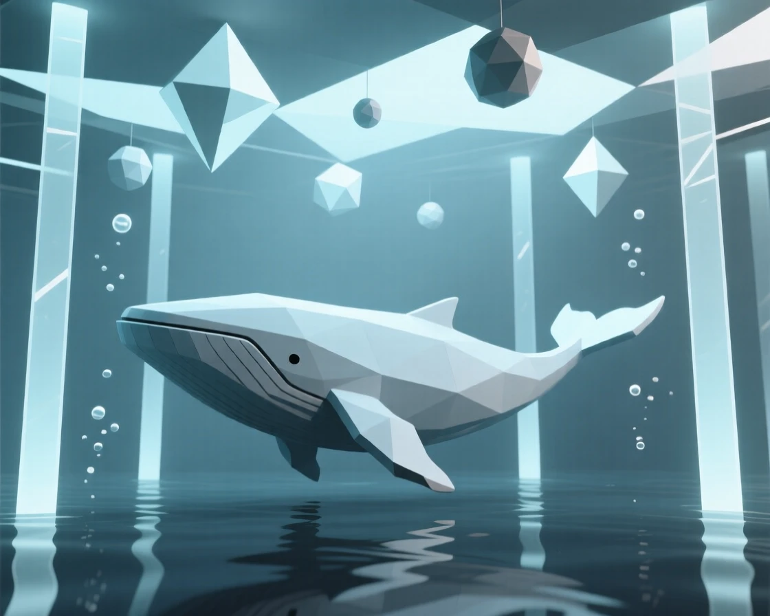 A whale swimming through shafts of underwater light, beneath a canopy of dreamlike floating light. reflections and light rays add a layer of visual depth. The mood feels futuristic and full of possibility.