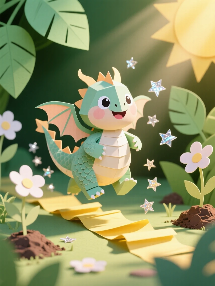 A chubby baby dragon bouncing through a sunlit garden, with tiny sparkles trailing behind it, conveying playful, heartwarming delight.
