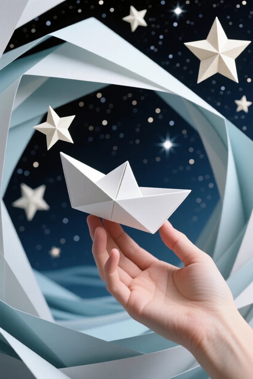 A hand releasing a single paper boat that sails into a swirling starry sky.