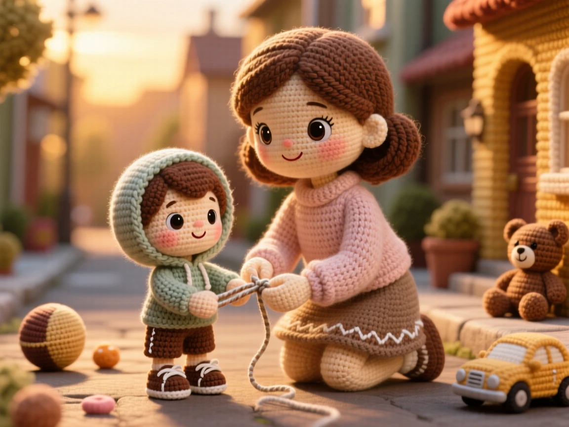 A heartwarming family moment: a big sister helping her little brother tie his shoes kneeling down with patient care, double-knotting the laces carefully within a quiet neighborhood street at golden hour; a scattering of toys tidied nearby nearby, full of warm nostalgia and gentle family tradition.