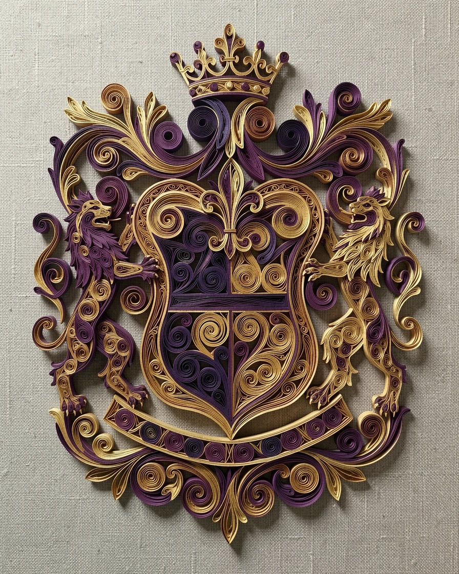 An elegant design featuring a decorative coat of arms with heraldic symbols, built up in graduated layers of increasing size, in rich plum and antique gold hues, displayed on a textured linen backdrop.