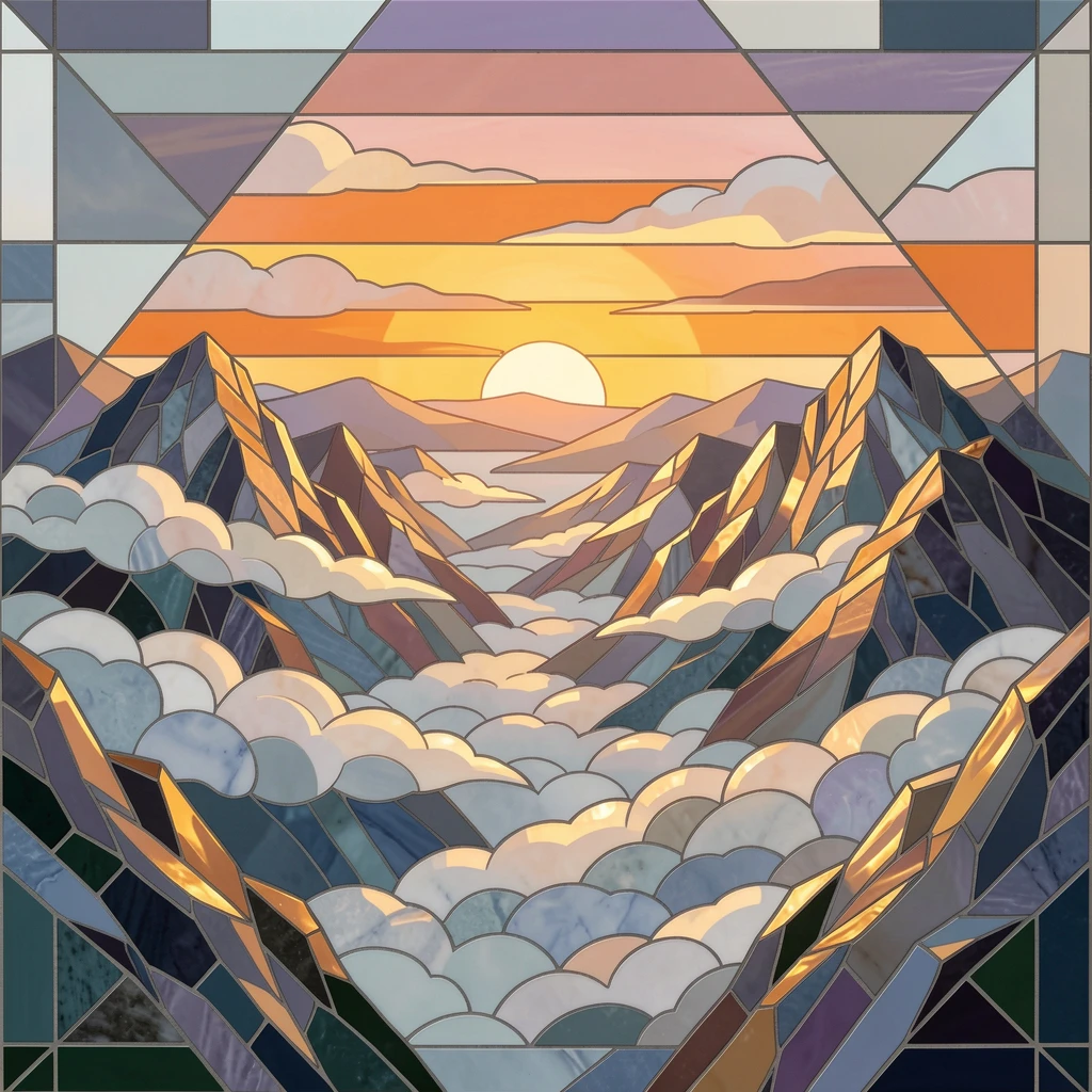 A misty valley seen from above with clouds rolling between mountain peaks, bathed in the warm colors of a golden hour sunset.
