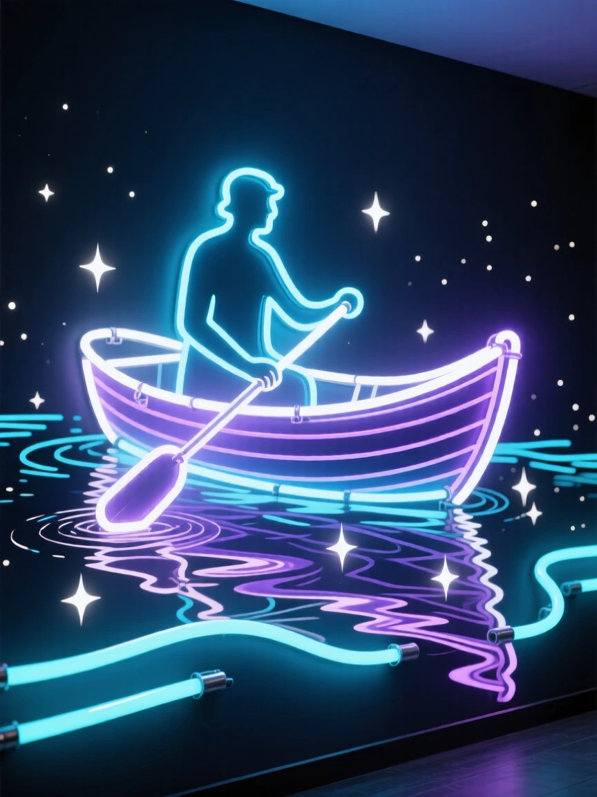 A rowboat sailing across a lake made entirely of liquid starlight.