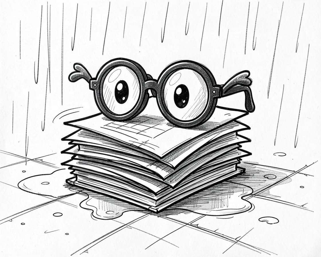 A pair of glasses perched cheerfully on a stack of papers on a rainy city sidewalk.